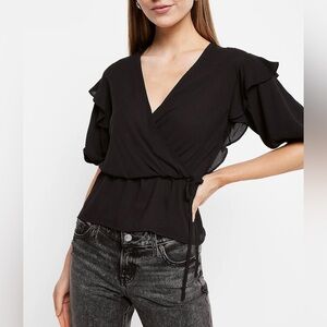 Express Women's Peplum Top Size XS Black Faux Wrap Short Puff Sleeves NWT $54